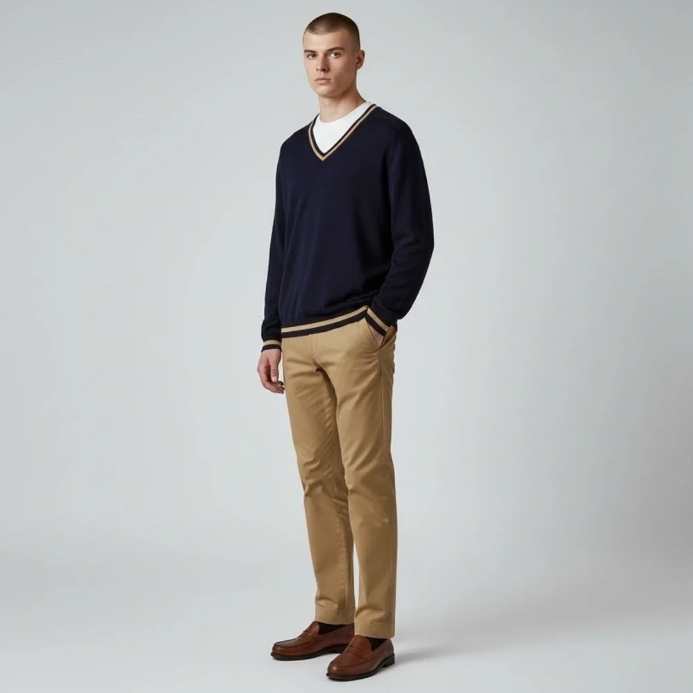 Cotton Knit Blue Tan strip V-neck Sweater  eclectic Grandpa fisherman old money
